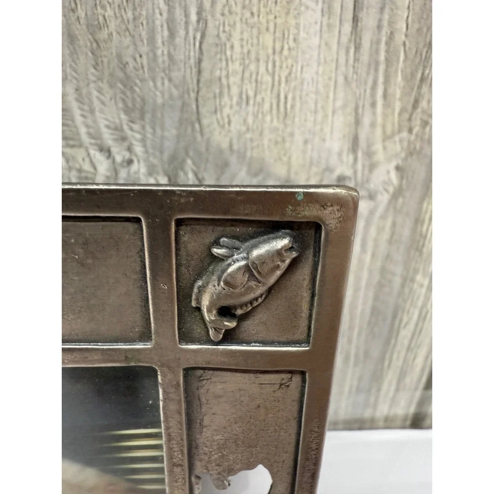 Vintage Pewter Cat and Fish Picture Frame Rustic Metal Pet Photo 5x7 4x6